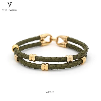 

Charming Army Green Python Leather Bracelet To Match Watch Men Pytnon Cords & Stainless Steel Clasp Bracelet Two Wrap Bracelets