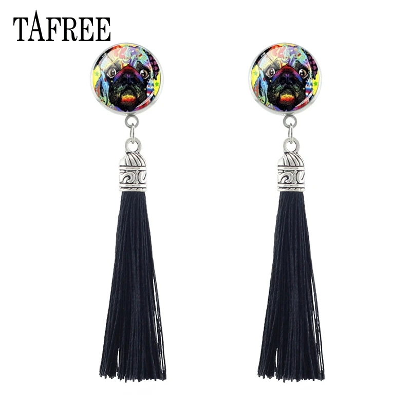 

TAFREE Colorful Painting Dog Tassel Stud Earrings 2018 Fashion Unique Classic Silver Color Glass Dome Women Girl Jewelry A265-25