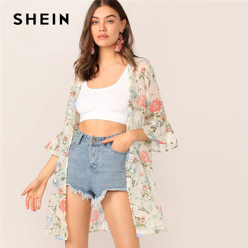 

SHEIN Flare Ruffle Sleeve Floral Sheer Kimono Women Bohemian Longline Kimono Cardigan Summer 3/4 Length Sleeve Ladies Tops