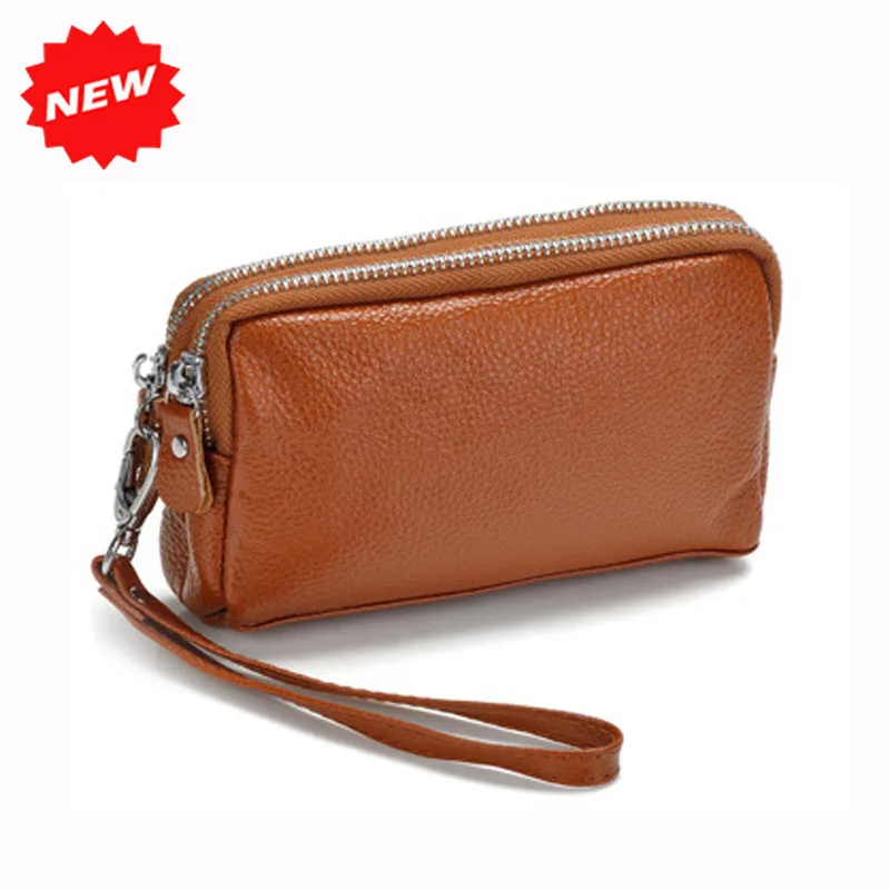 Genuine Leather Women Coin Purse Double Zipper Mobile Bag Lady Clutch Wristlet Bags, easy for carry clutches, Wholesale - Цвет: Yellowish Brown