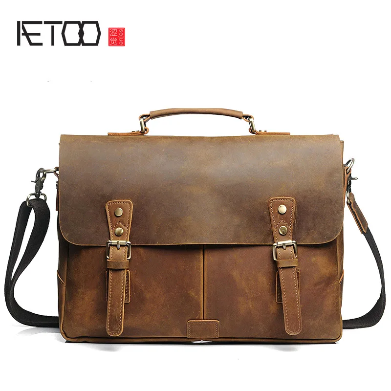 

BJYL The first layer of crazy horse cowhide briefcase men handbag cross section shoulder bag Messenger bag retro leather male b