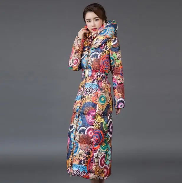 

Women Winter Jacket Women Hooded Long printed cotton-padded coat