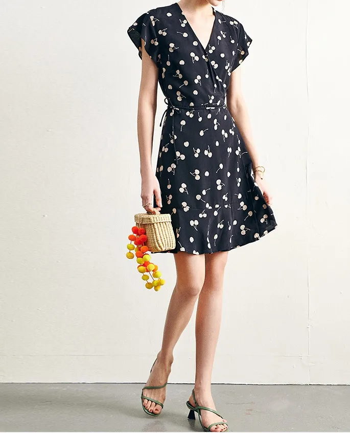 

Women Fruit Print Dress Vintage Ties Waist Short Sleeve Casual Dresses
