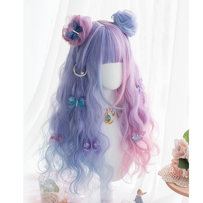 Косплей салон H762476B Llolita 65 см длинные кудрявые фиолетовые Смешанные синие Омбре
