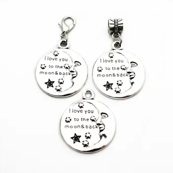 

10pcs/lot Metal Silver I Love You To The Moon&Back Round Dangle Charms Lobster Clasp Charms Fit DIY Bracelet Necklace Jewelry