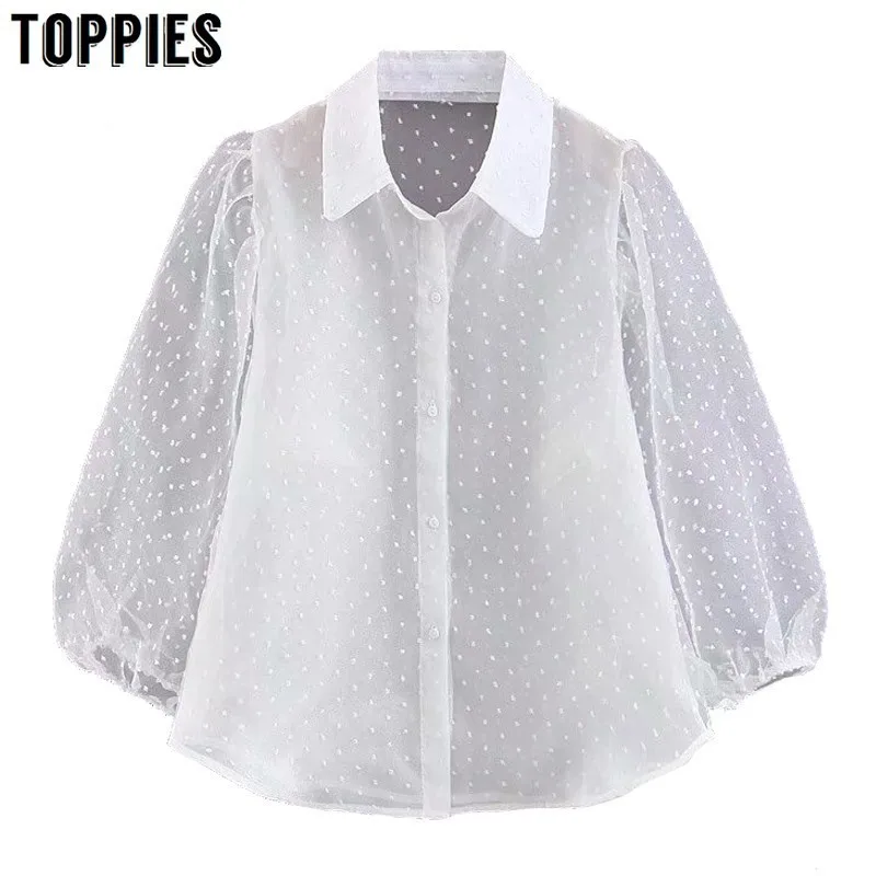 

Sexy Transparent Mesh Yarn Tops Lolita Lantern Sleeve White Button T Shirt Lady Summer Tops Tees
