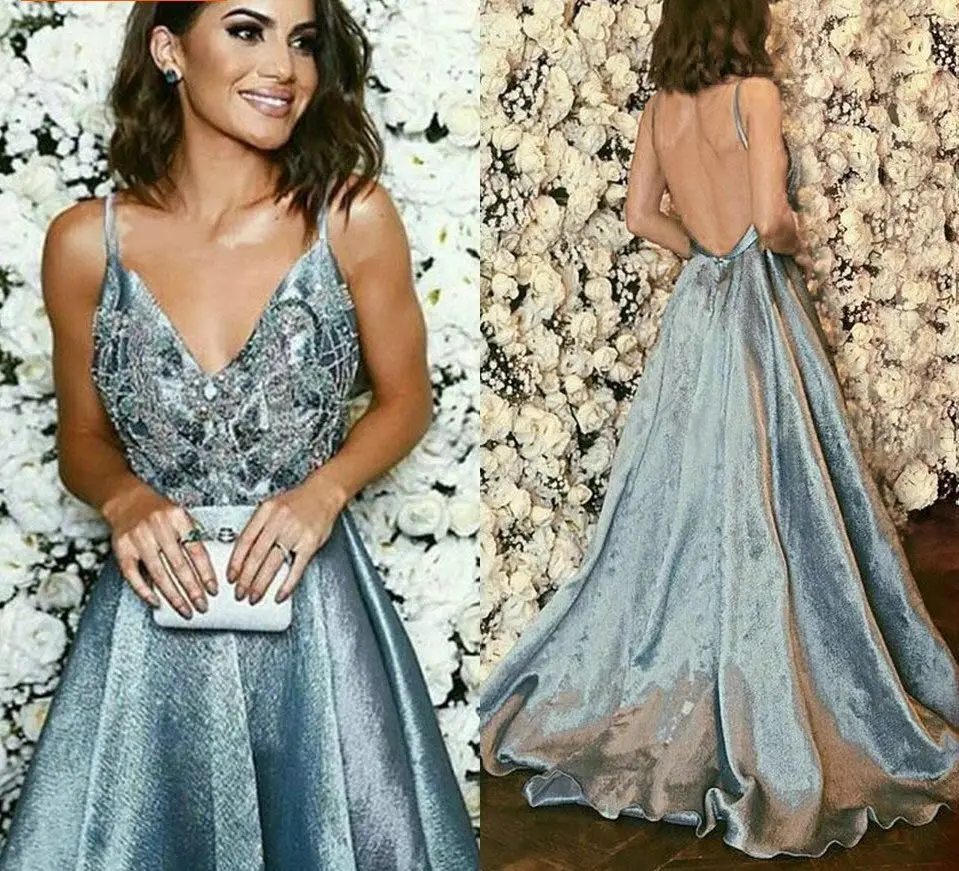 

BeryLove Grey Satin Sexy V Elegant Formal Evening Dress 2019 Open Back A line Prom Dress Special Occasion Dress Robe De Soire