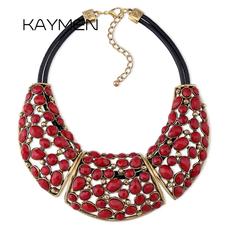 

KAYMEN Factory Price Wholesale Bohemian Antique Plated Inlaid Resin Stones big Choker Statement Necklace for Women Party Wedding