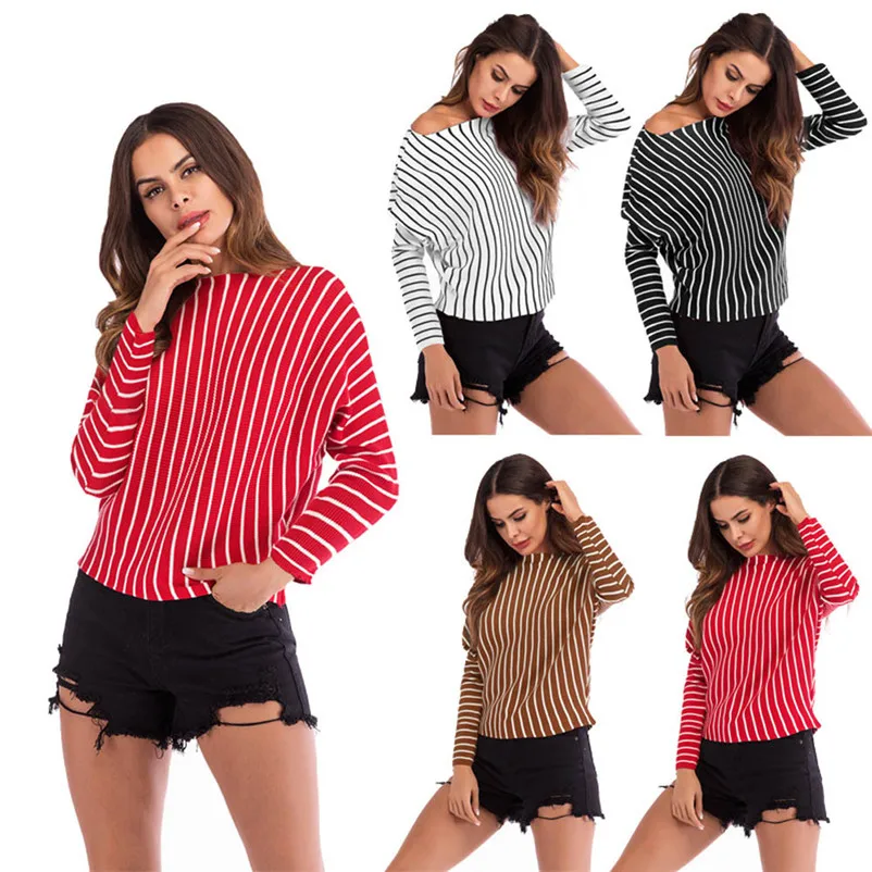 HOT sell sweaters fashion 2018 women Striped O Neck Long Sleeve Knitted Sweater Jumper Pullover Top Blouse Invierno O09#N (6)