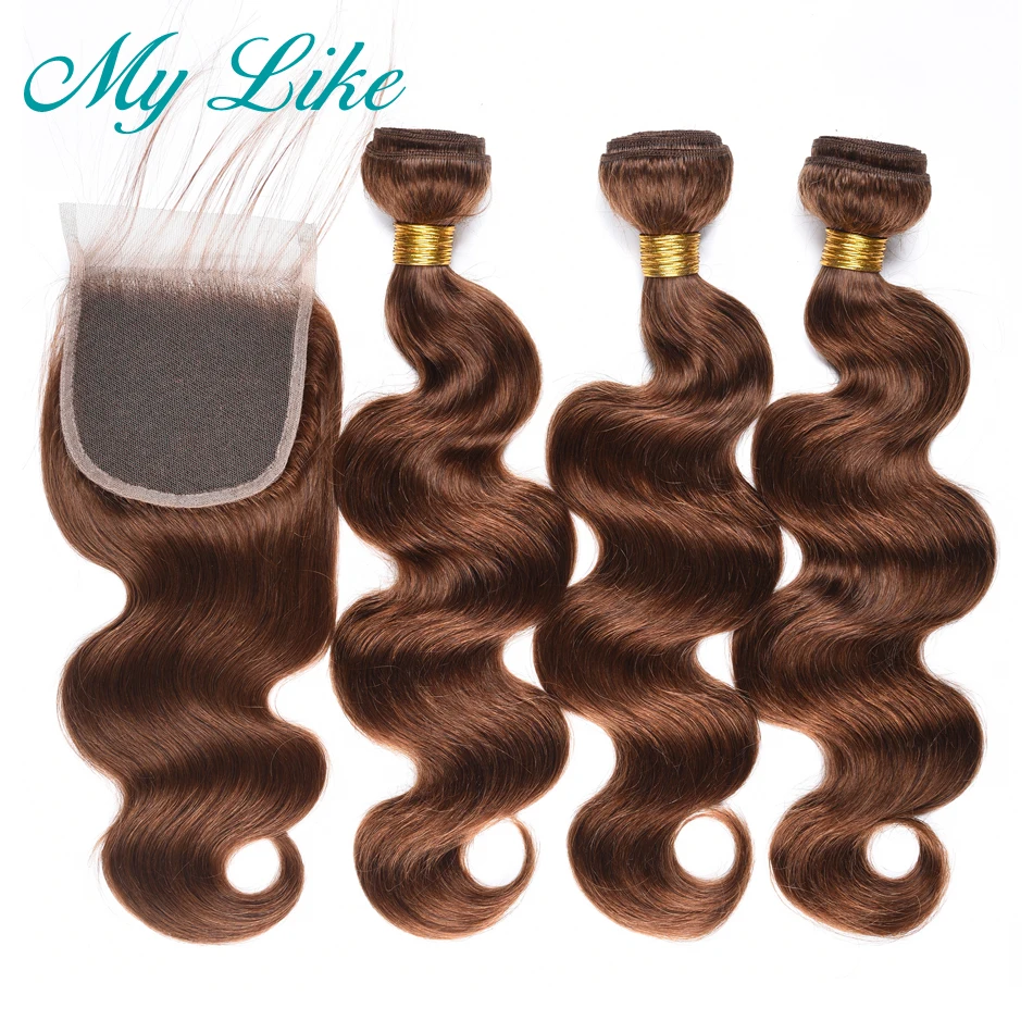 My Like Pre-colored Peruvian Hair Weave Body Wave Bundles with Closure #4 Light Brown Non-remy Human Hair Bundles with Closure