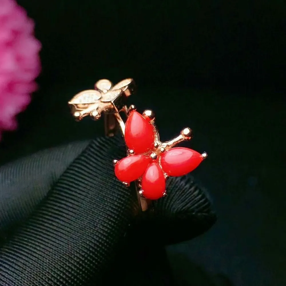

shilovem 925 sterling silver Natural red coral rings fine Jewelry women trendy open party plant new gift 4*6mm lj04060305agsh