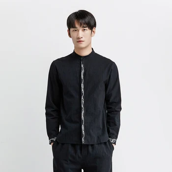 

Mr-DONOOChiese Style Cloud Totem Embroidery Casual Shirt Long Sleeve Standard Fit Shirt Men Camisas Black White Blouse 4018-SC5