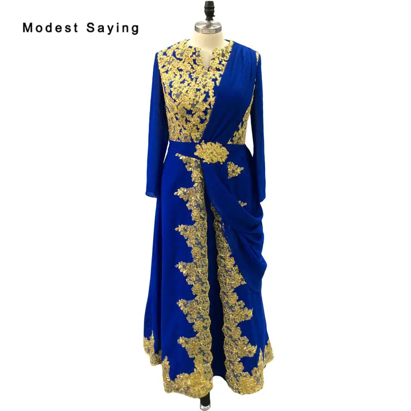 Мусульманские синие и золотые кружевные вечерние платья с блестками 2019 с поясом шифоновая с длинными рукавами Вечерние платья для