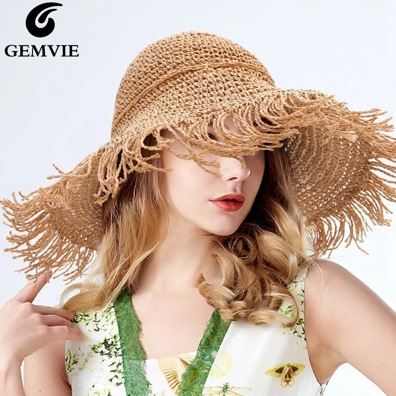 GEMVIE кисточки широкими полями Складная соломенная шляпа для новинки женщин летние Защита от Солнца шляпа выдалбливают тканая бумага пляжная Леди Панама