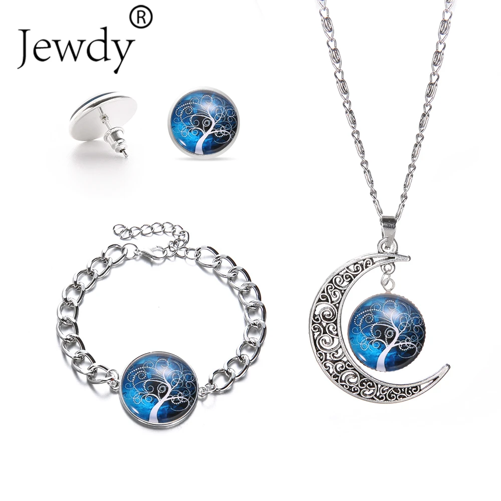 

Life of Tree Moon Glass Pendant Necklace Set Hot Jewelry Fashion Statement Crystal Pendant Galaxy Lovely Silver Necklace Female