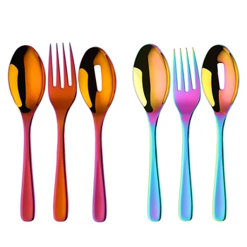 

Colorful 18/8 Stainless Steel Rainbow Flatware Big Size Long Handle Serving Salad Spoon/Fork/Colander Salad Set Kitchen Utensils