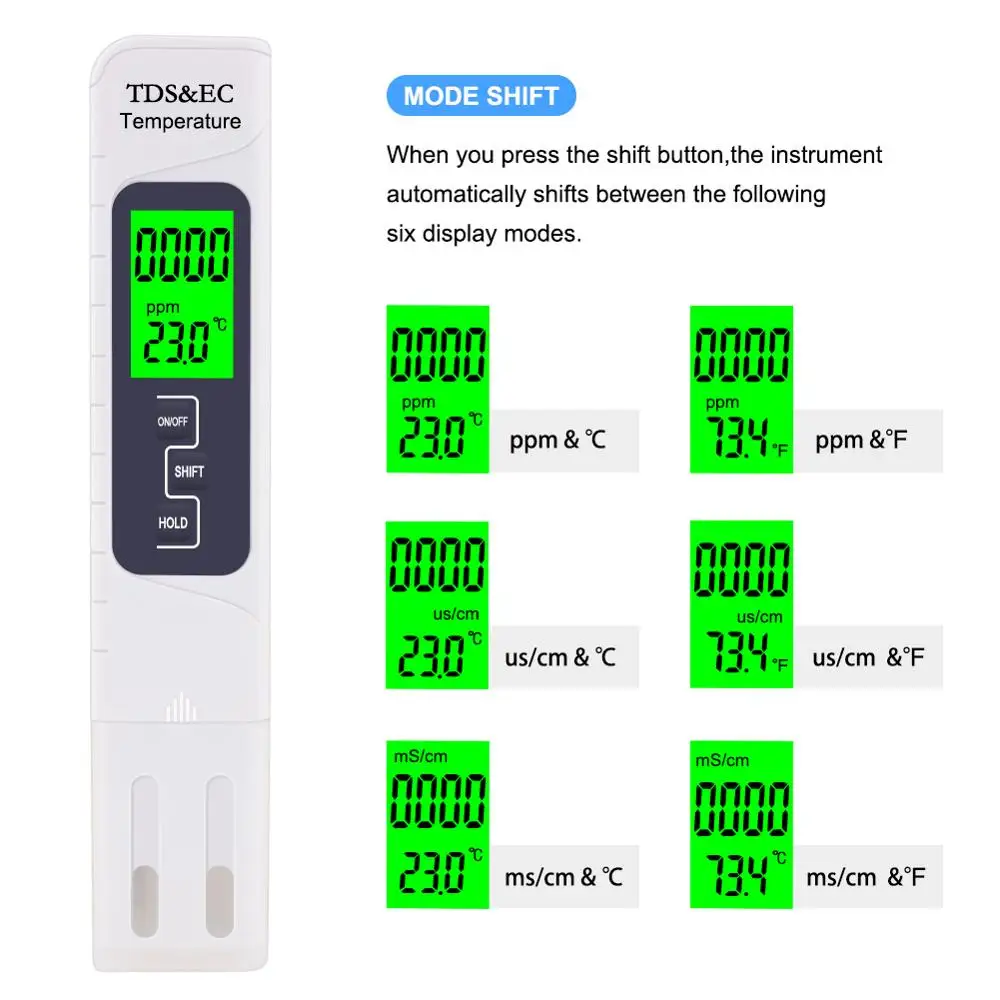 Измеритель Качества Воды 3 в 1 TDS& EC& температура Высокая точность 0-19999 PPM Ручка обнаружения проводимости с подсветкой