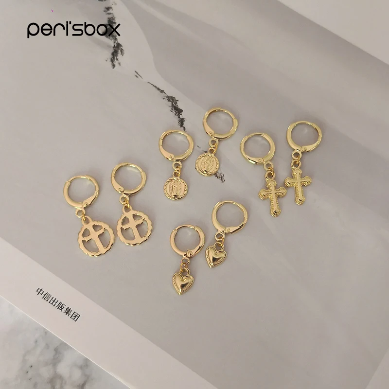 

Peri'sBox Tiny Virgin Mary Huggie Earrings Dainty Gold Cross Heart Hoop Earrings Minimalist Charm Small Hoops Earrings Jewelry