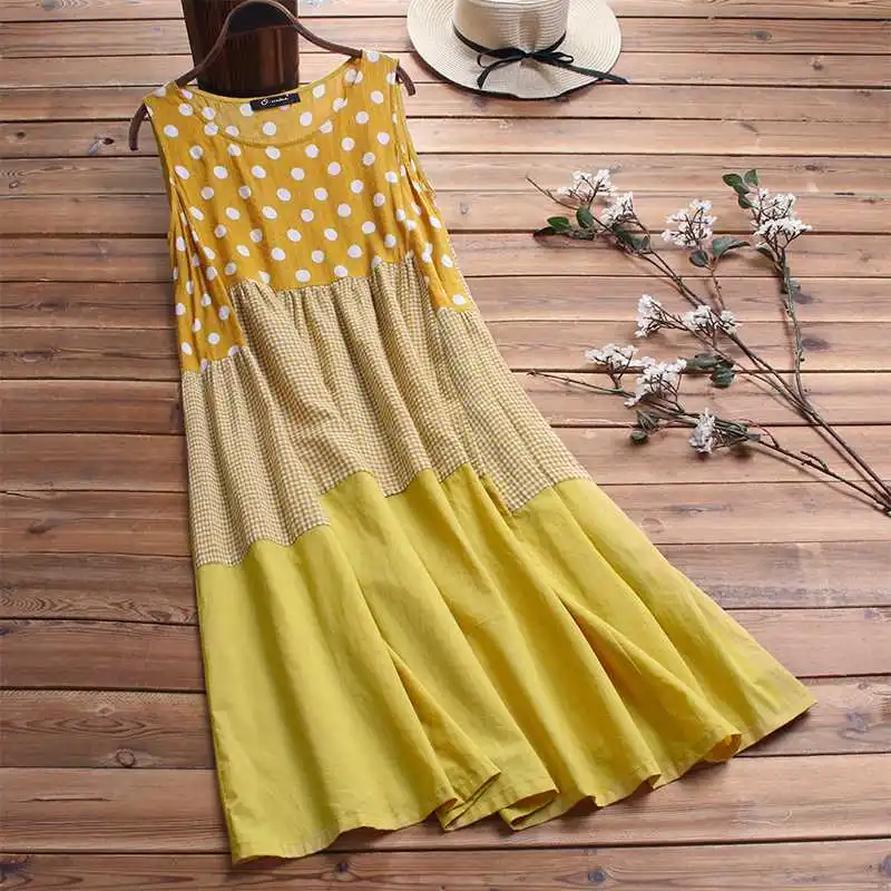 Сарафан в горошек в стиле пэчворк ZANZEA женское Повседневное платье без рукавов Летнее винтажное хлопковое праздничное длинное платье Vestido Robe - Цвет: Yellow (Pre-sale)