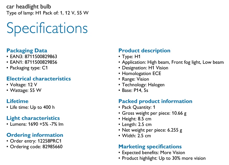 Philips H1 12 В 55 Вт P14.5s Премиум видения стандарт авто фары оригинальные лампочки галогенные лампы ECE одобрить 12258PR C1, 1X