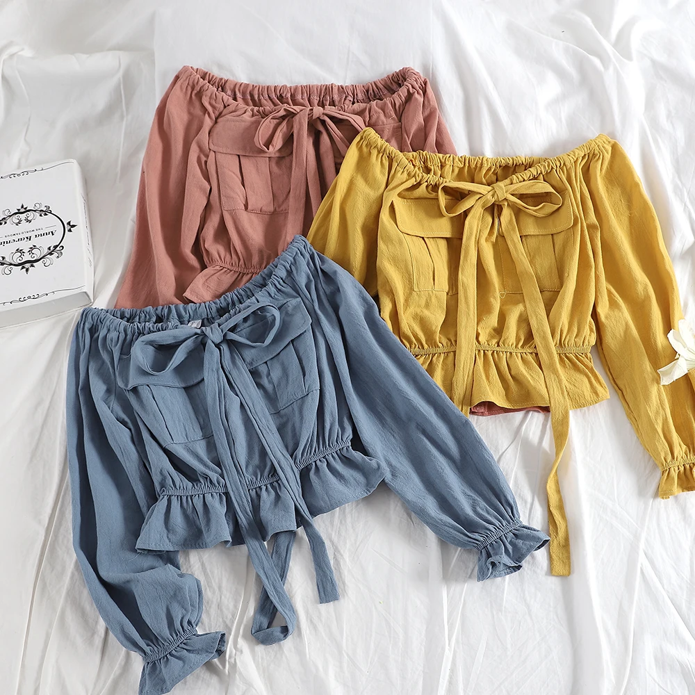 

Women Summer Slash Neck Flare Sleeve Lace Up Bandage Ruffles Shirt Vintage Short Elastic Slim High Waist Pullover Blouse Tops