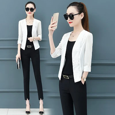 Korean short small suit blazer women coat thin see-through lace embroidery mesh women blazers and jackets vintage cardigan tops - Цвет: one piece white