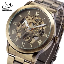 SHENHUA Топ бренд ретро механические наручные часы для мужчин нержавеющая сталь Автоматический Скелет Мужские часы Часы Relogio Masculino