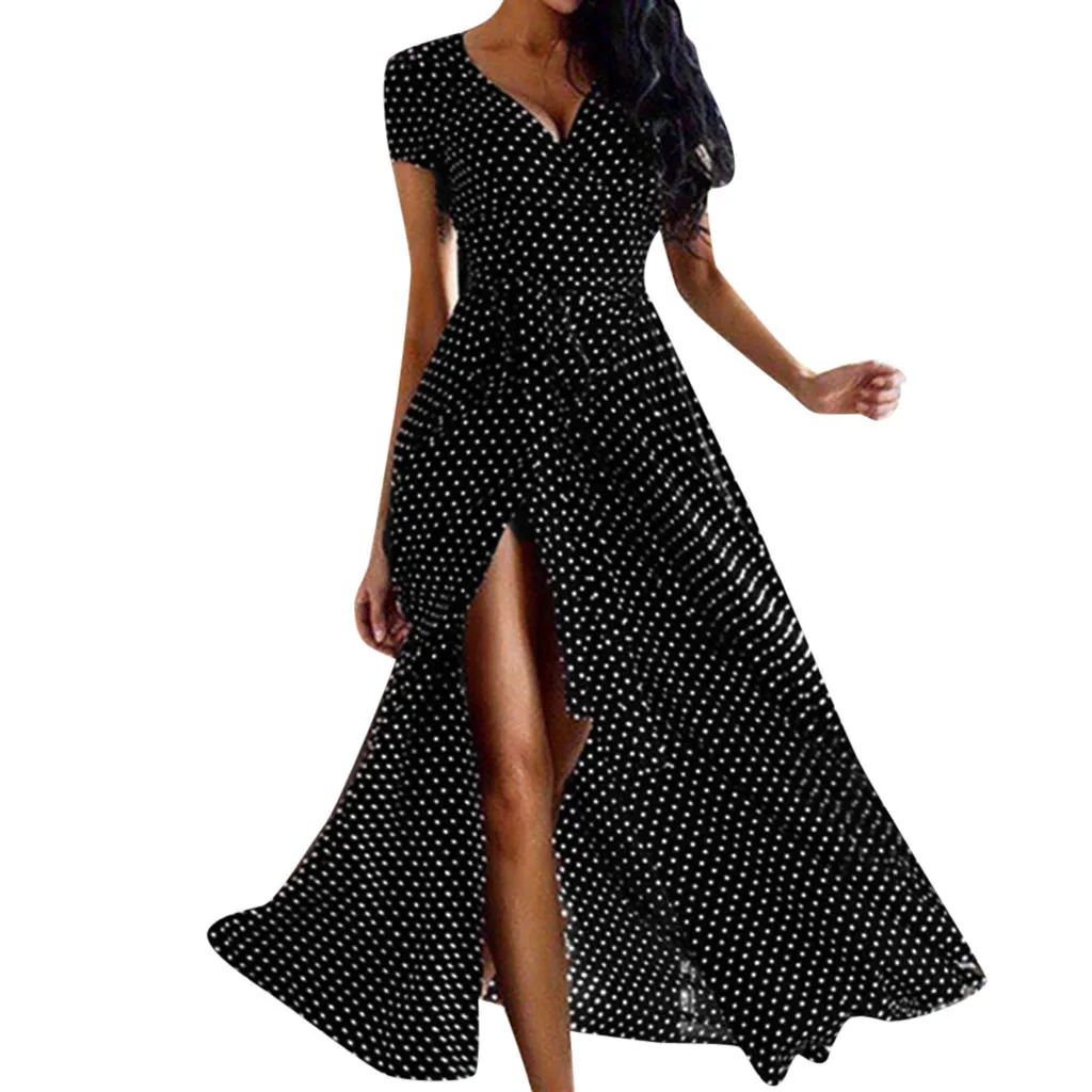 

Women's Casual Dot Printed White Black Short Sleeves Beach Split Leg Mid Calf Long Dress Sundress Summer Ladies Clothing Dresses