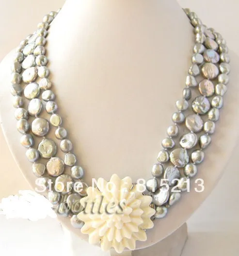 

ddh001685 3Strands 14mm Gray Coin Baroque Freshwater Pearl Necklace