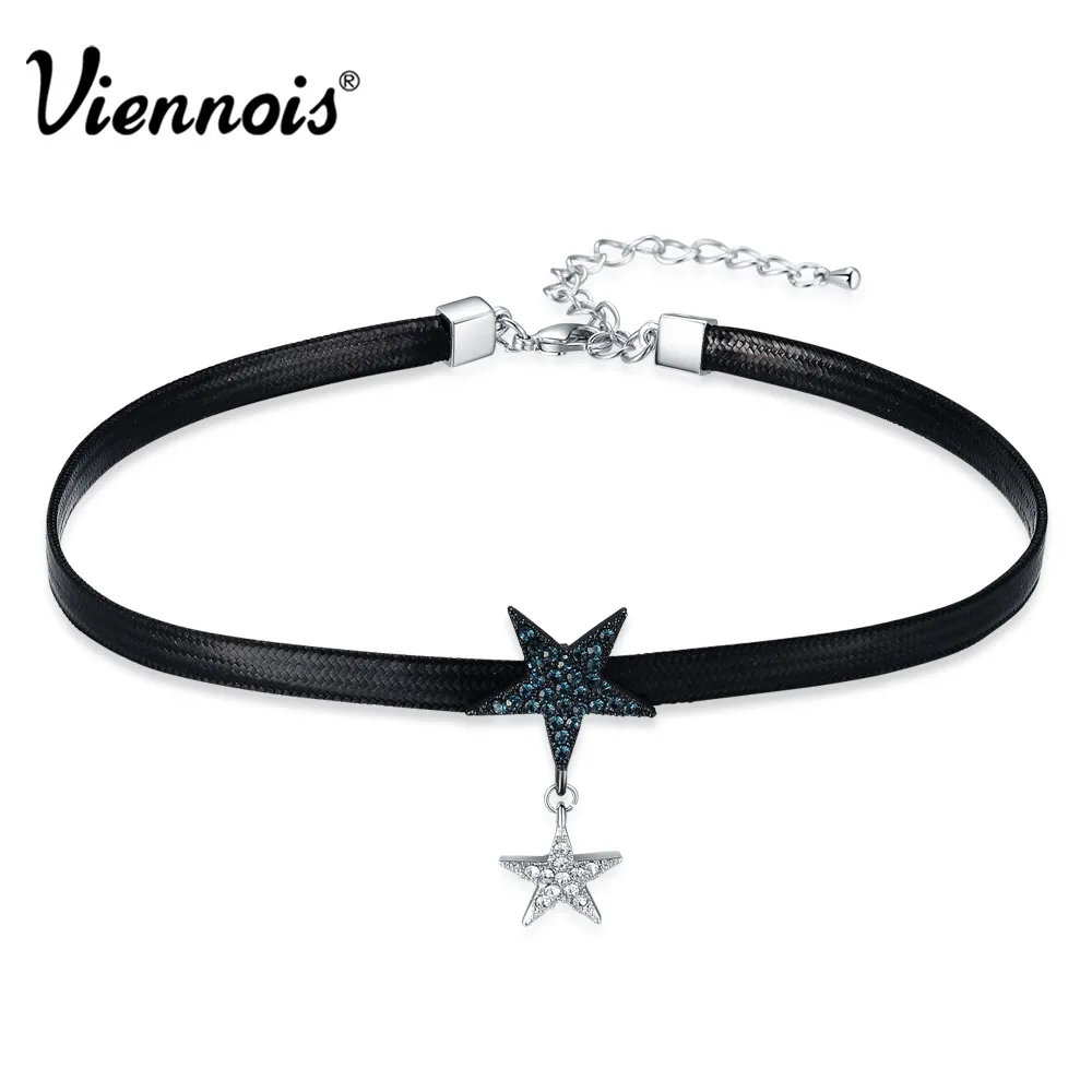 

Viennois Silver Color Star Chokers Necklace for Women Blue Rhinestone Choker Punk Necklaces Female Leather Choker