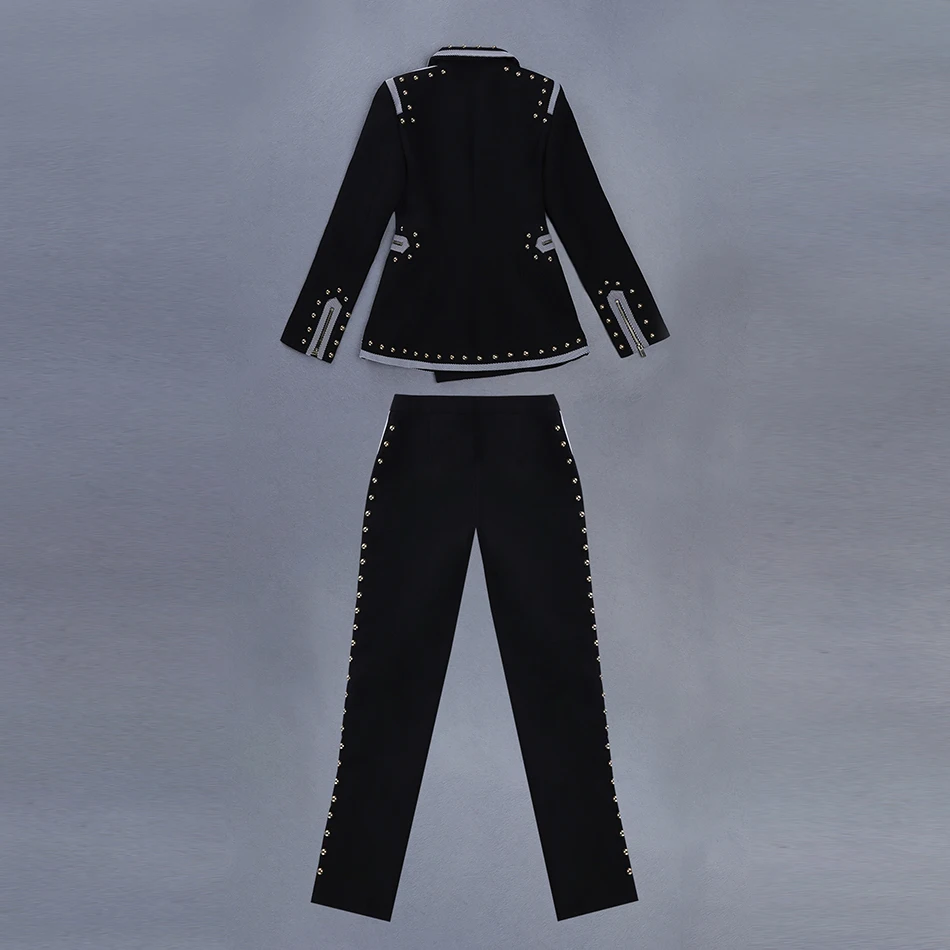Winter black two-piece long-sleeved V-neck rivet blazer and high-waist pants casual women's suit celebrity runway party set