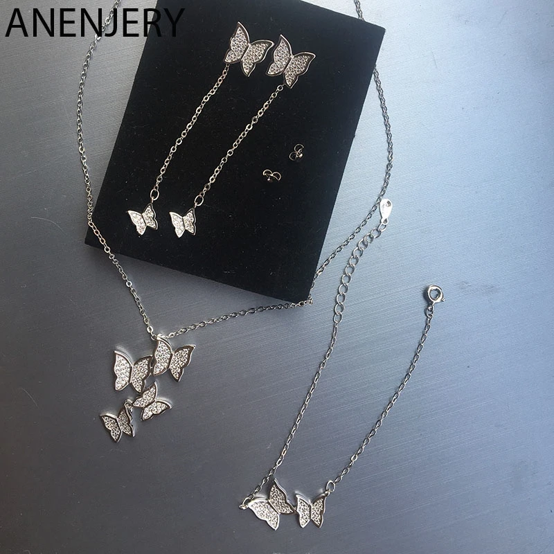 ANENJERY, изысканное 925 пробы Серебряное ослепительное микро циркониевое ожерелье с бабочкой+ серьги+ браслет для женщин, ювелирные наборы