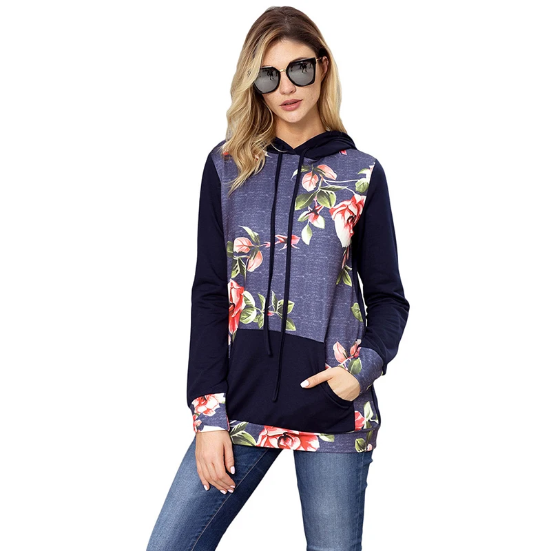 Осень весна Для женщин Повседневное Толстовка темно Kangroo карман Floral Hoodie