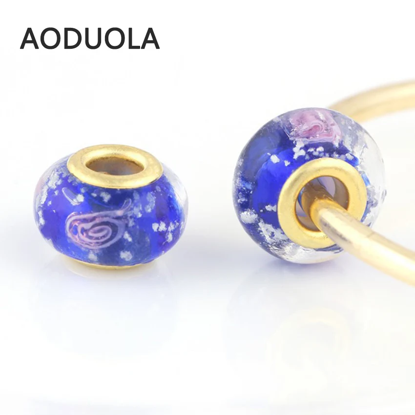 

10 Pcs a Lot Blue Beads Round Shape with Flower DIY Big Hole Beads Spacer Murano Bead Charm Fit For Pandora Bracelet Charms 02