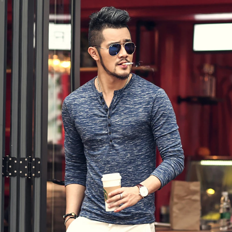 Skup Nowa męska koszula typu henley nowa koszulka bluzki z długim rękawem stylowy Slim Fit guzik do koszulki plisy Casual Men Outwears popularny projekt