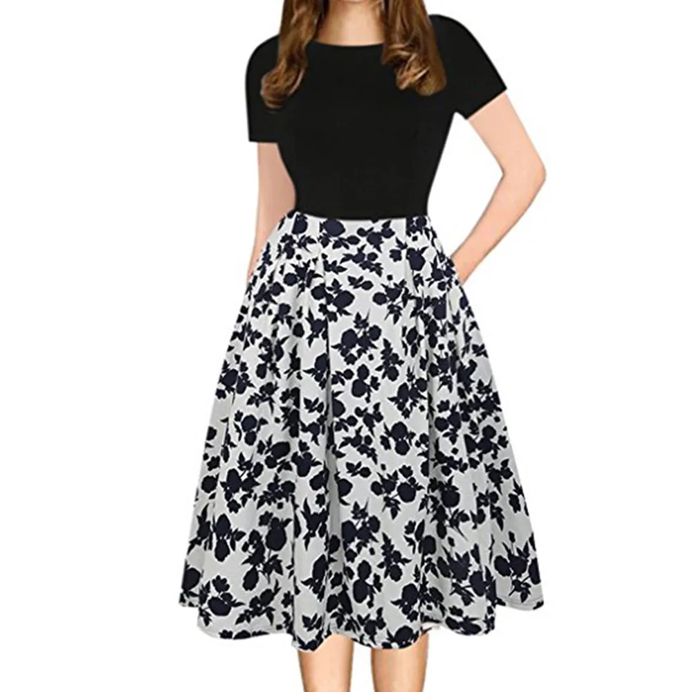 

S-2XL NEW short Sleeve dress High Waist Office Party Casual Dresses Women's Dress Women Print Patchwork Print#20