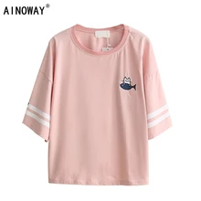Harajuku kawaii футболка Женская корейский стиль футболка kawai Кот рыба emberoidery хлопок Топы рубашка camiseta кисточки Лидер продаж