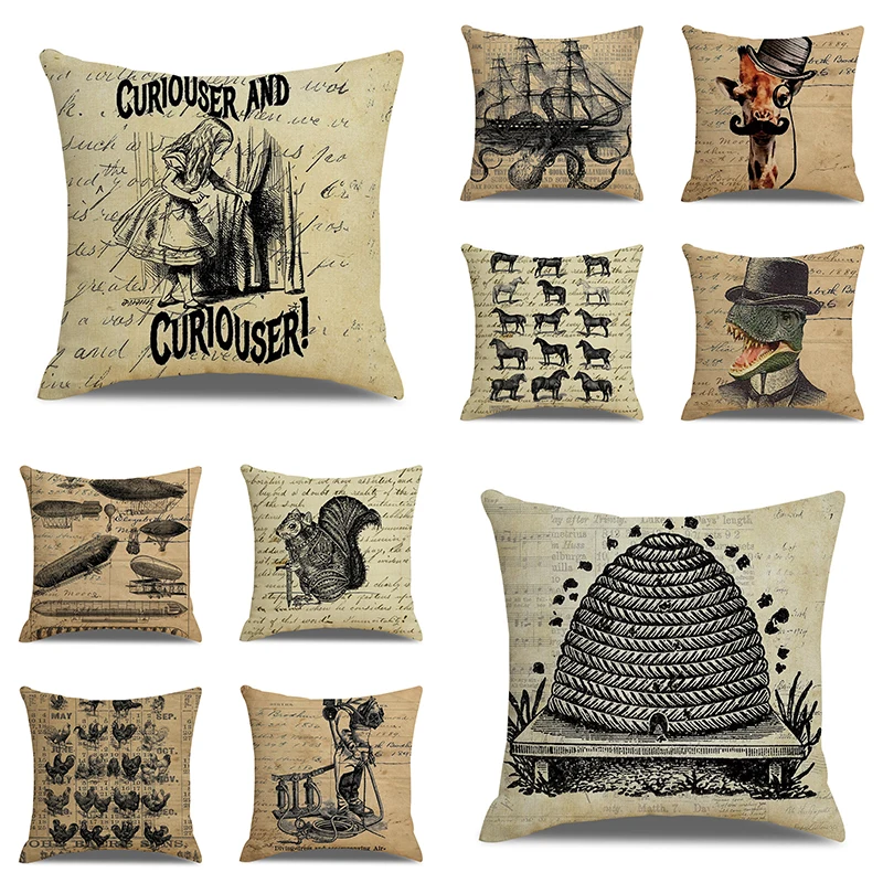 

Sketch Animals Printed Cushion Cover 45x45cm Airship Throw Pillow Covers Linen Cats Dinosaur Pillowcases Dogs Honeycomb Pillows