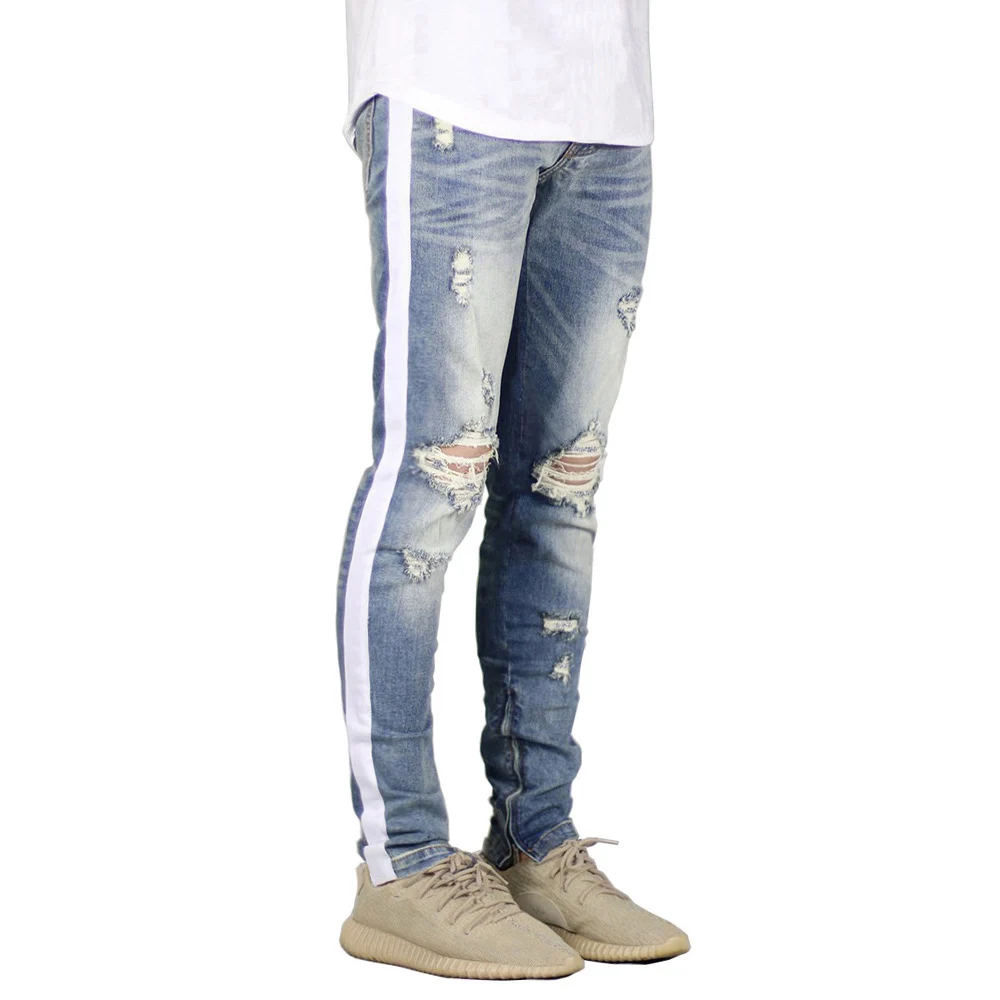 Goedkoop Mannen Jeans Ontwerp Fashion Kant Streep Ripped Vernietigd Jeans Voor Mannen H8709