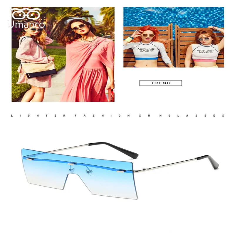 Umanco, новинка, негабаритные Квадратные Солнцезащитные очки без оправы для женщин и мужчин, оправа из сплава, PC Len, модные брендовые пляжные аксессуары для путешествий, подарок