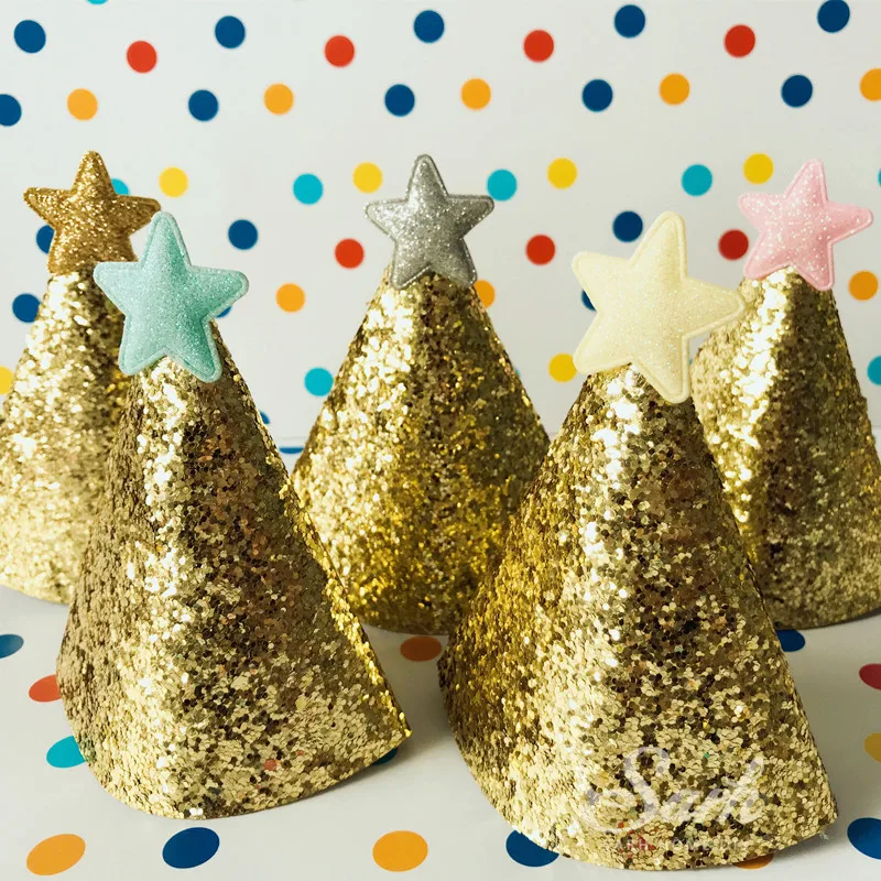 5 шт. блестящая золотая Мини шляпа на день рождения с красочной звездой для маленьких детей, украшения для кексов, украшения для торта, милый подарок на день рождения
