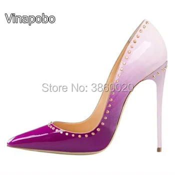 

Gradient Color Wedding Women Shoes Pumps Rivets High Heels Sole Patent Leather Pointed Bridal Valentine Shoes Dress Studded
