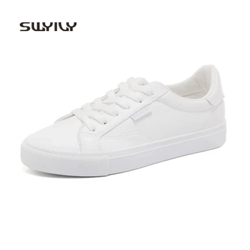 SWYIVY Sneakers Women Skateboarding Shoes White PU Lady Shoes 2018 Spring And Autumn Flat Heel Lace-up Female Skateboard Shoes