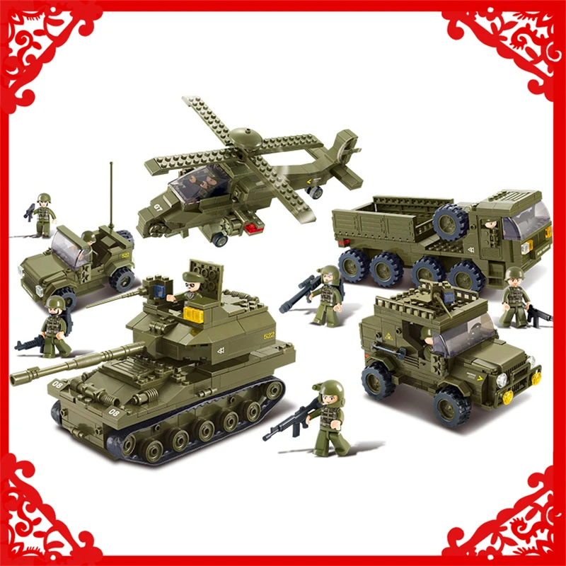 

SLUBAN 0311 996Pcs Military K9 Tank Gunship Jeep Car Building Block Compatible Legoe Figure Toys Gift For Children
