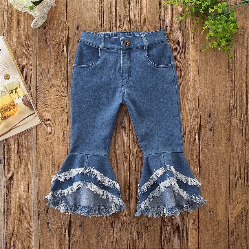 Europa e América Crianças da Criança do Bebê Meninas Calças Moda Estilo Jeans Queimado Crianças Denim Bell Bottom Boot Corte 3 jeans queimado calças crianças da criança do