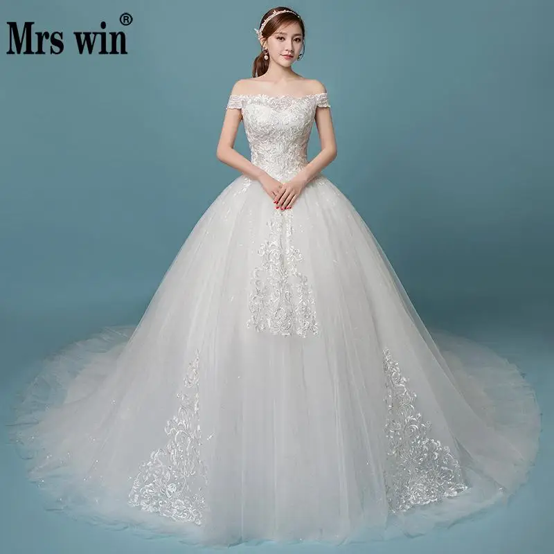 Robe De Mariee Grande Taille 2018 New Mrs Win Elegant Boat Neck Sweep Train Ball Gown Vintage Wedding Dresses Vestido De Noiva