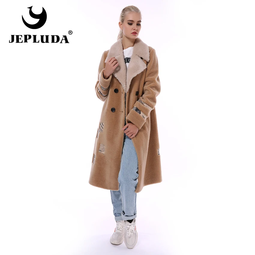 JEPLUDA 100% Натуральный Шерстяное Пальто Женские Зимнее с Английский Воротник