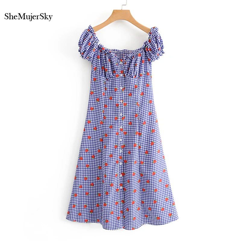 

SheMujerSky Blue Plaid Midi Dress Women Summer Strawberry Print Dress robe longue vestidos de verano mujeres 2019