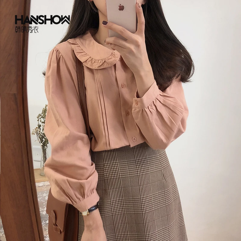 

Ruched Hem Peter Pan Collar Button Shirt Kawaii Chic Fresh Student Vintage Autumn Women Shirt Blouse Mujer Blusa Chemisier Hot