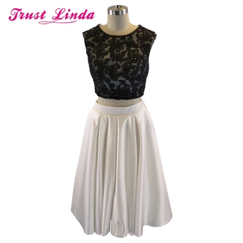 

Beading Sexy O-Neck Black Top Prom Dress 2 Pieces Backless A-line Dresses Set for Wedding Party